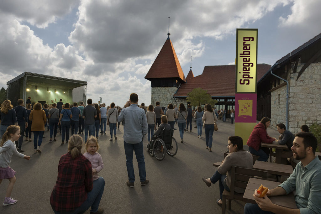 La Place du Village du Spiegelberg 2025, située devant la Halle du Marché-Concours de Saignelégier, côté parking est (devant le Café du Soleil)