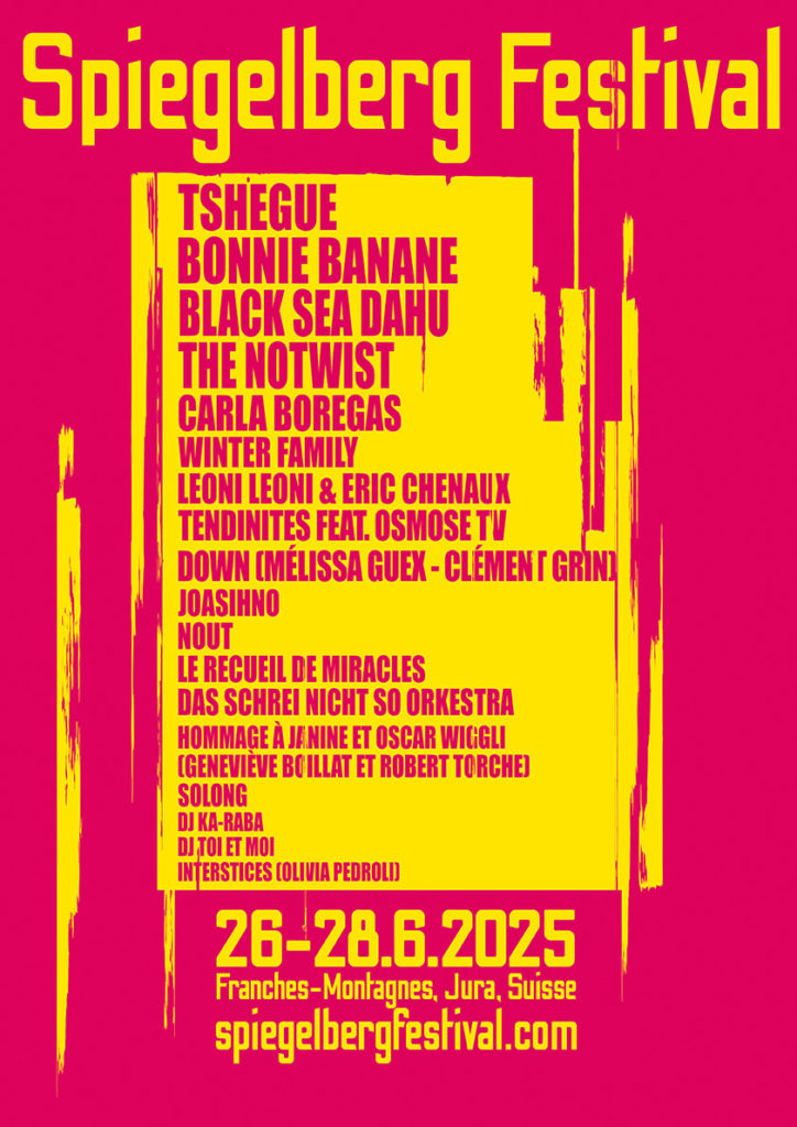 L'affiche du Spiegelberg Festival 2025, avec du texte jaune vif listant les artistes qui seront présents, sur un fond rose pétant.