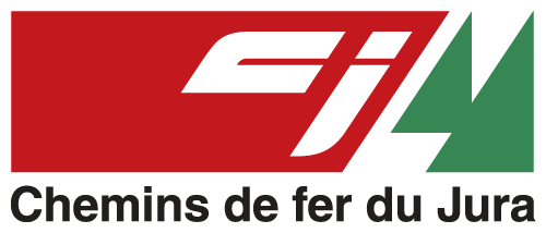 Logo des Chemins de fer du Jura, les lettres c et j blanches sur fond rouge et deux triangles verts symbolisant des sapins sur la droite.